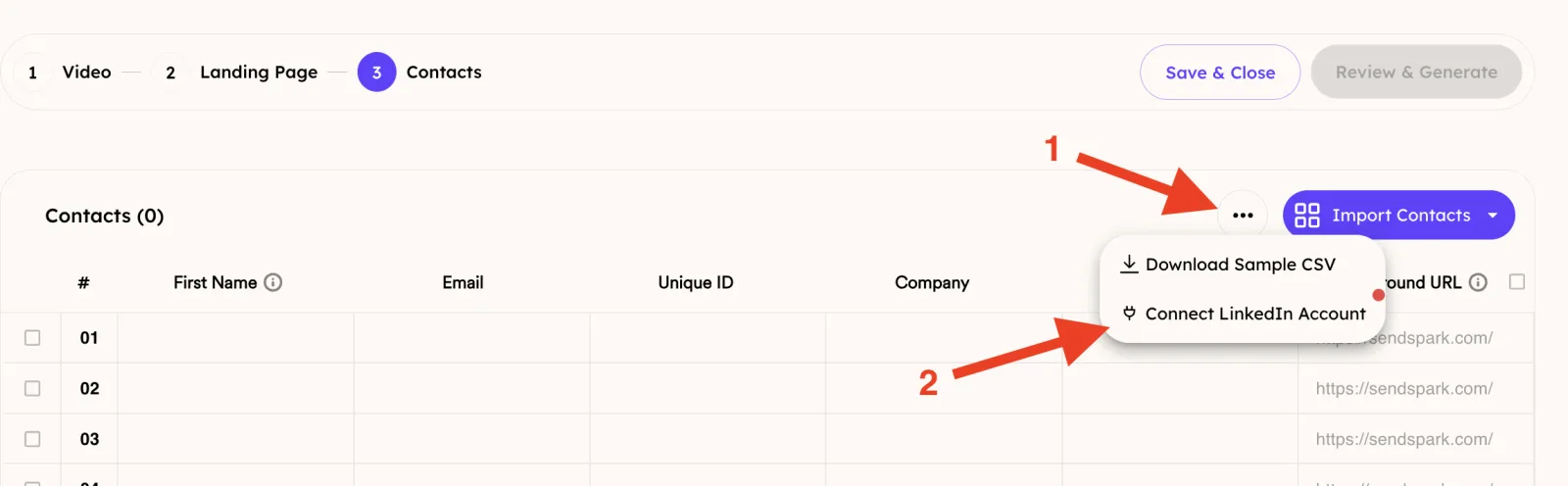 Dynamic video Contacts step with the overflow menu open on Connect LinkedIn Account