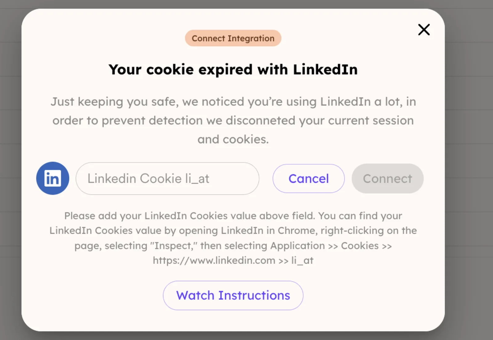 LinkedIn connection popup with an li_at cookie field, Cancel and Connect buttons