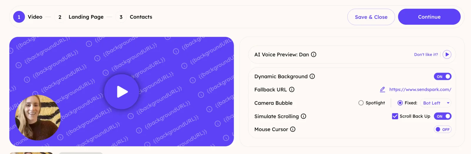 Dynamic video editor with an AI voice preview, dynamic background, camera bubble and scrolling settings