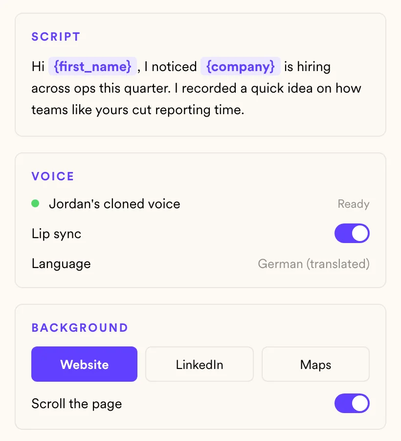 Dynamic video editor with the script, Jordan's cloned voice, lip sync on and German (translated) as the output language