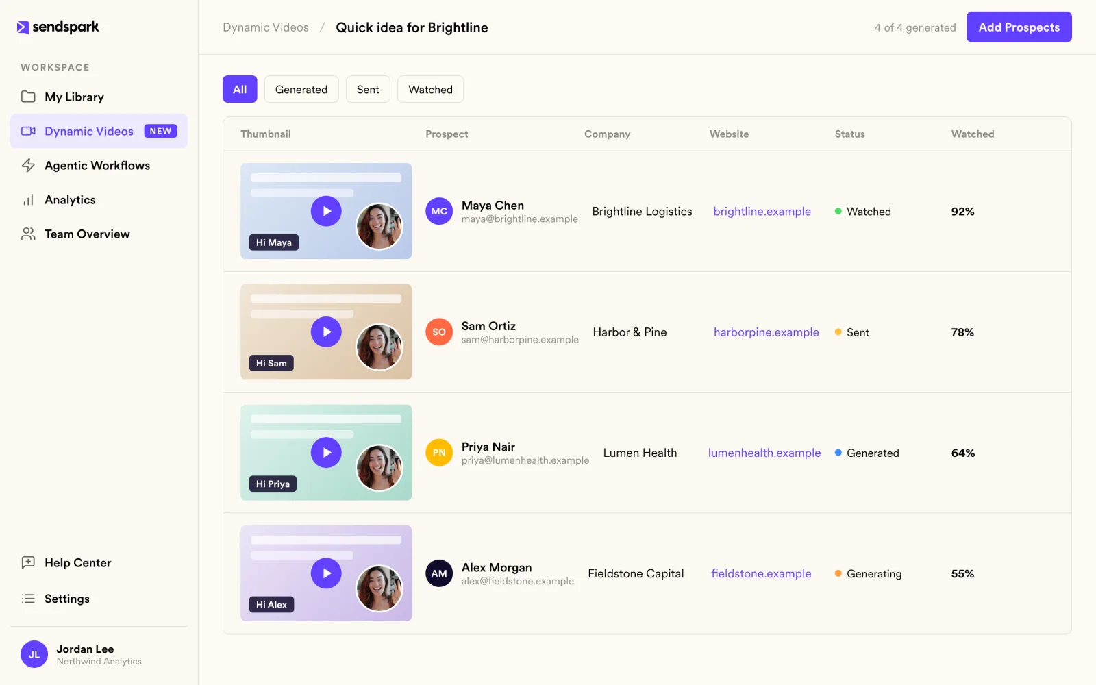 Prospect list where each personalized video thumbnail greets the prospect by name over a web page background