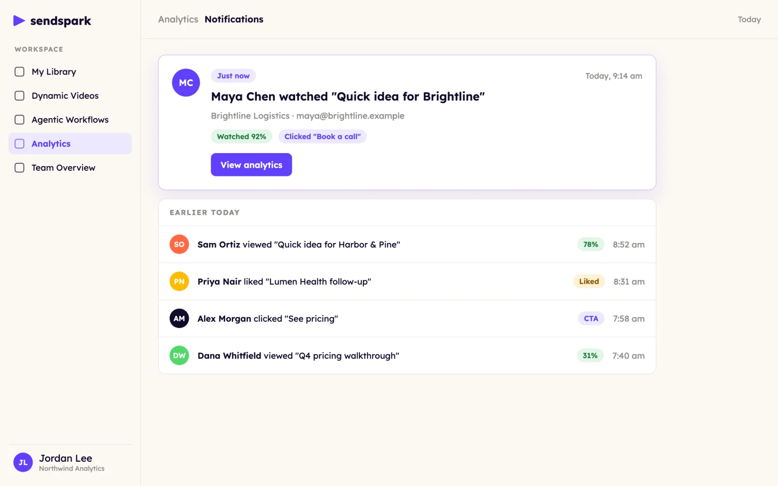 A notification that Maya Chen watched 92% of a video and clicked Book a call, above earlier viewer activity