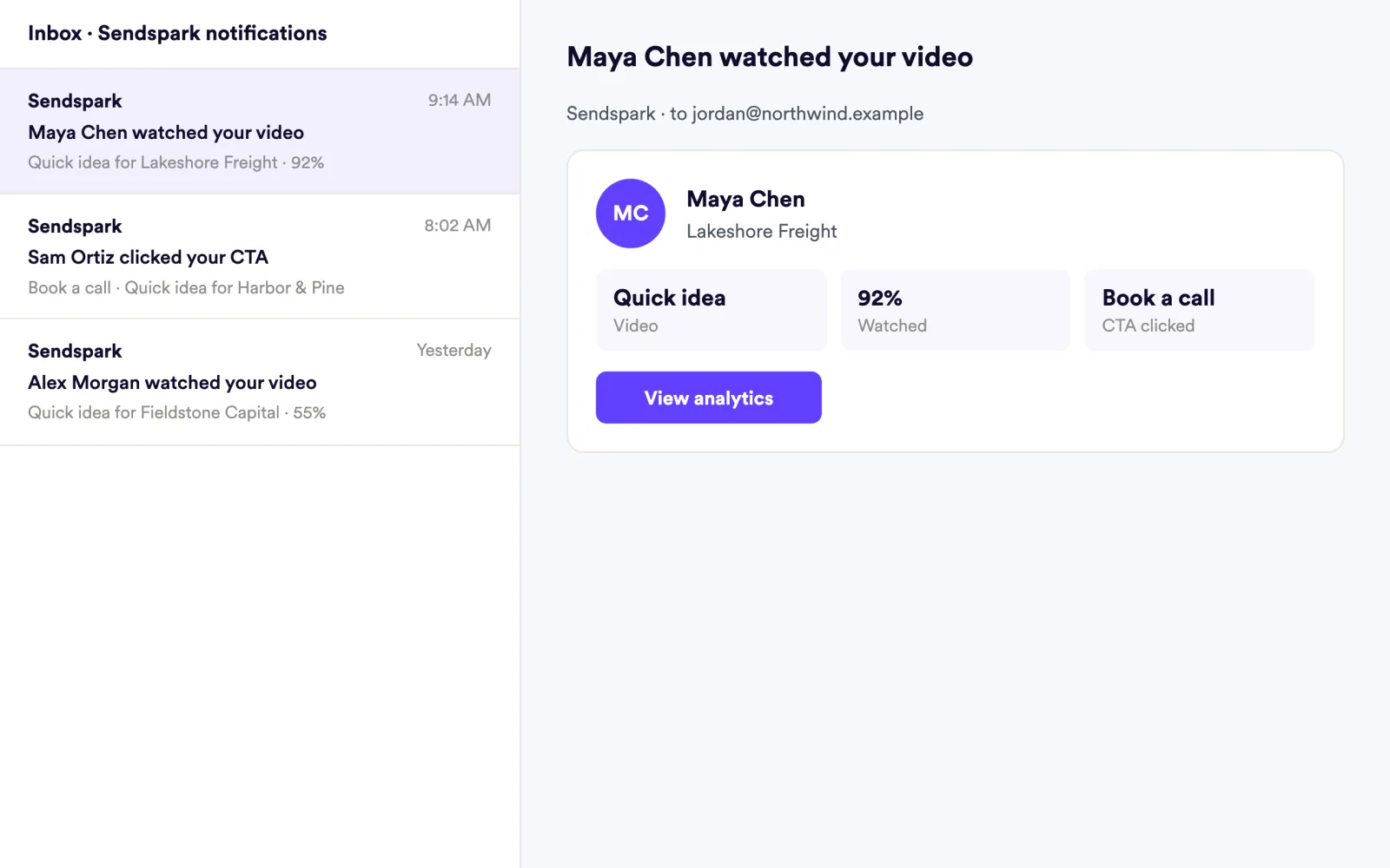 Inbox of Sendspark view notifications; open email shows Maya Chen watched 92% and clicked Book a call